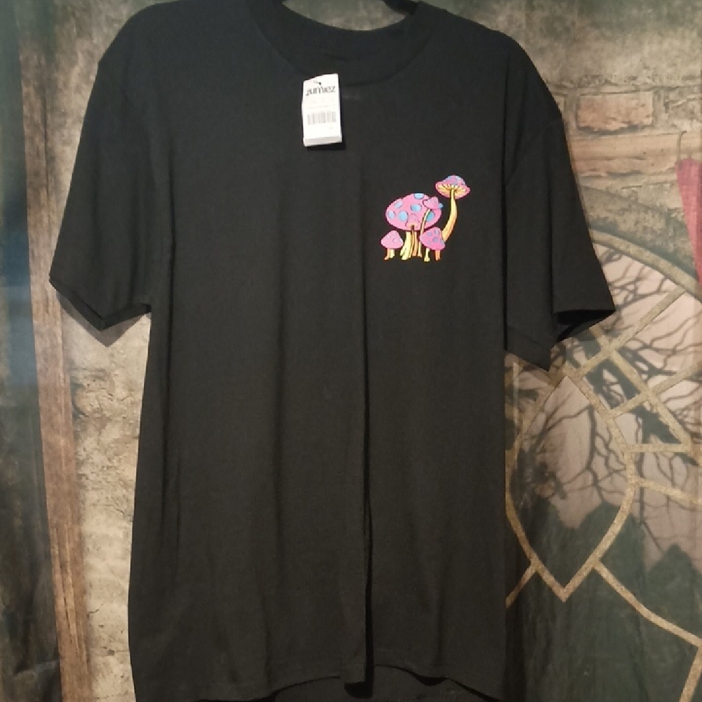 Black T-Shirt with Colorful Mushroom Design